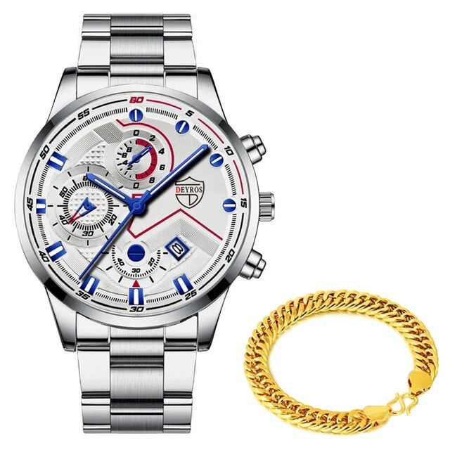 Thumbnail: ساعة الرجال الفاخرة للأعمال والرياضة بسوار من الفولاذ الذهبي وعقارب لامعة