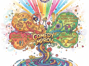 A vibrant, whimsical illustration centered around a stylized tree with 'COMEDY IMPROV' forming its trunk. The roots are embedded in swirling blue waters labeled 'MENTAL HEALTH,' symbolizing improv's foundational benefit. The tree branches out into two main colorful, organic shapes. On the left, in warm orange and red tones, are illustrations representing 'ROMANTIC POSSIBILITIES' (dancing figures, hearts, a couple) and elements suggesting creativity and expression (camera, spotlight, briefcase), alluding to personal growth. On the right, in lively green and yellow, are visual metaphors for 'JOB PROSPECTS' (a rising bar graph, a trophy, a ladder) and 'PUBLIC FORMS, ON SCREEN, ON STAGE, AT A PODIUM' (a hand raising, a microphone, stage lights). Above the tree, a radiant burst of colorful light emanates, with a sun icon bearing a smiling face and the text 'UNLEASH YOUR POTENTIAL.' The entire image is filled with playful doodles, musical notes, and confetti, conveying a sense of fun, energy