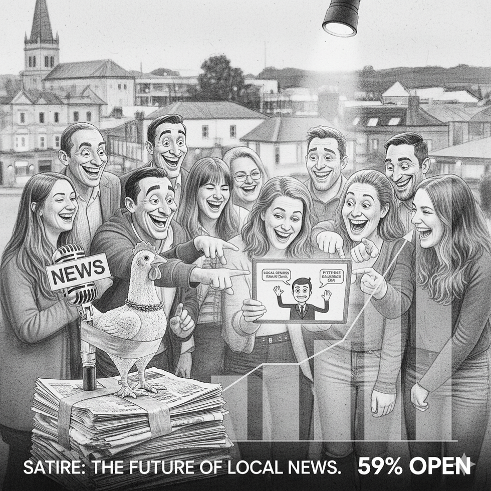 A whimsical, pencil-drawn satirical cartoon in black and white shows a diverse group of smiling, exaggeratedly caricatured people gathered on a rooftop overlooking a town. They are pointing and laughing at a glowing tablet held by a woman in the center, which displays a cartoon newscaster delivering "Local Cancel Culture" and "Pothole Discoveries." In the foreground, atop a stack of old newspapers, a rubber chicken wearing a suit is standing at a retro "NEWS" microphone. A spotlight shines down from the top right, illuminating the scene. A transparent bar graph rises behind the crowd, and text at the bottom reads "SATIRE: THE FUTURE OF LOCAL NEWS. 59% OPEN."