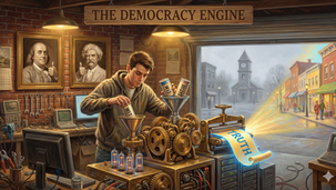 A Norman Rockwell-style painting titled "THE DEMOCRACY ENGINE" on a wooden sign. A young man in a hoodie works in a cluttered garage, feeding canisters labeled "WIT" and "SATIRE" into a complex, glowing steampunk machine. The machine produces a glowing scroll labeled "TRUTH." On the wall are portraits of Benjamin Franklin and Mark Twain giving thumbs-up. An open garage door reveals a bright, sunlit town square with a church, contrasting with a foggy background.