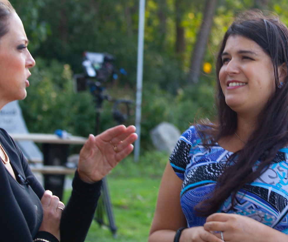 Janette Cameron (left) talking to Sofia Eidsath (right) in Remembrance Gardens, London, Ontario, during her debut Newsload London Reports interview