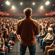 generation X comedian, his back is to us, he is on stage Infront of a full theatre with a microphone in his hand and bright lights overhead. His audience is split perfectly in half with young adults in their 20s on the left and senior citizens older than 70 on the right. all of them look miserable or annoyed.