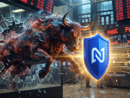 A hyper-realistic Wall Street bull made of glitching, dissolving digital smoke, charging through a screen. In its path stands a solid, glowing Cobalt Blue shield (The Newsload Icon) that is turning the smoke into orderly, golden data streams. Background is a panicked stock ticker bleeding red. Cinematic lighting, 8k.