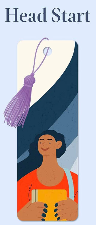 Bookmark with a person holding the book at the bottom and various blues in the background and says head start at the top