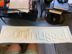 cream colored crochet block with bobble stitches