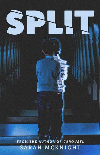 A child stands on a dark eerie staircase with a blurred image coming from the child's side. Title is above the child's head and the author's name is below the child's feet.