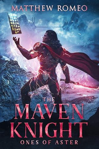 A warrior with glowing red armor and cape holds a magical book amidst icy mountains. Electricity forms around warrior. Author's name at the top and title starting at the warrior's legs.