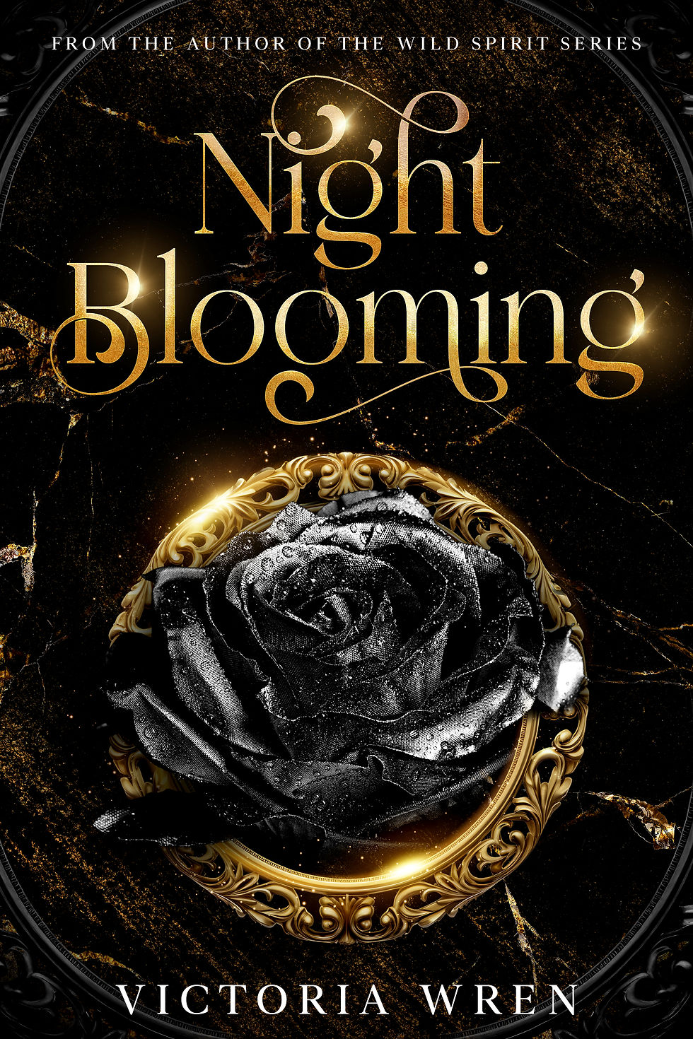 Black background, black rose in the center surrounded by a gold ring. Title above rose in gold and author's name below in white.
