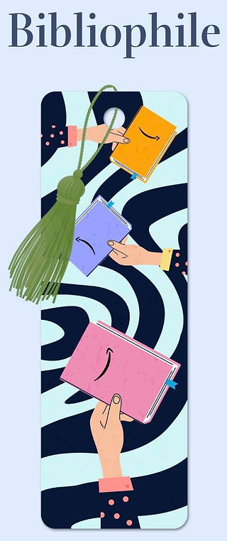 Bookmark with blue and black zebra strips with different color books being held and says bibliophile at the top