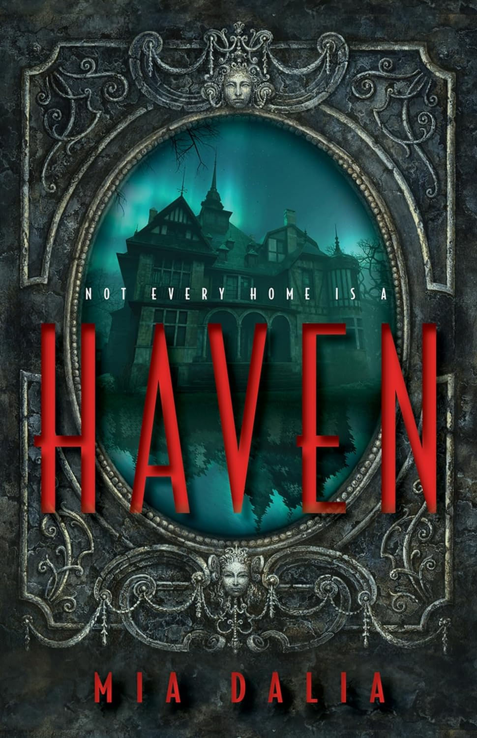 Title in center of image in red, author name in red at the bottom. Dark gray background with a silver gothic style frame around an image of a house with dark blues around it.