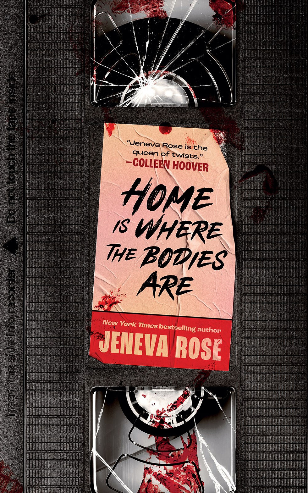Cracked VHS tape with red stains around the tape. The label has the title and author's name with red stains.