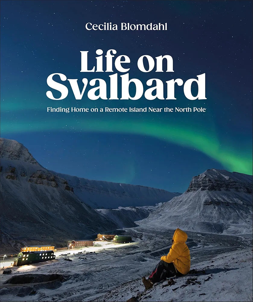 Person in yellow jacket sits on snowy mountain, watching aurora over lit buildings. Author name centered at the top and title above the aurora.