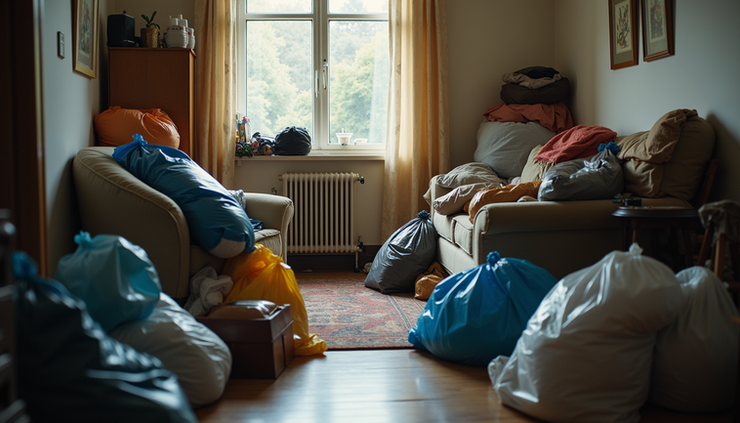 Nahaufnahme einer stark vermüllten Wohnung mit überfüllten Möbeln und Müllsäcken