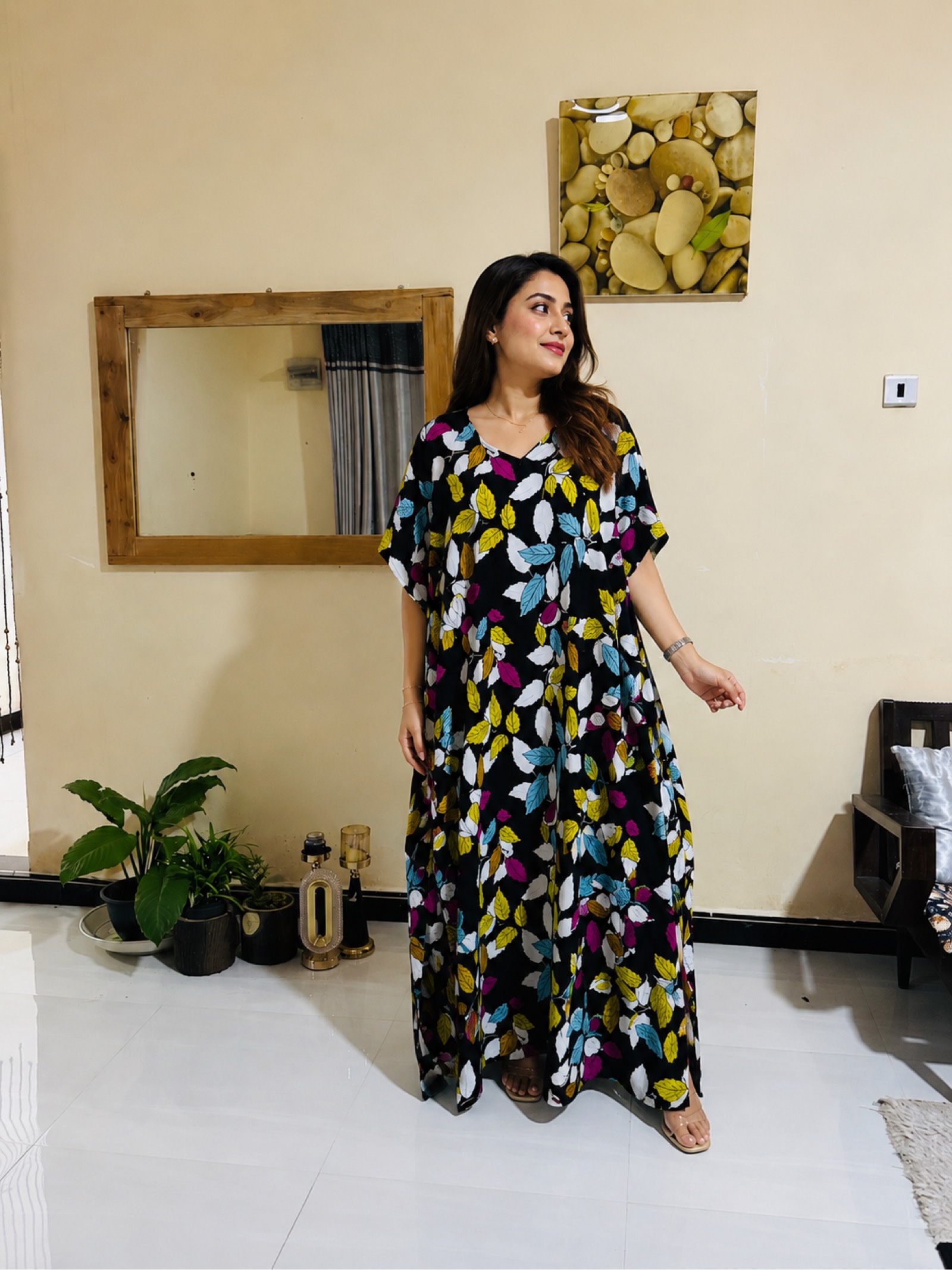 Floral Leaf Print Kaftan Maxi Dress