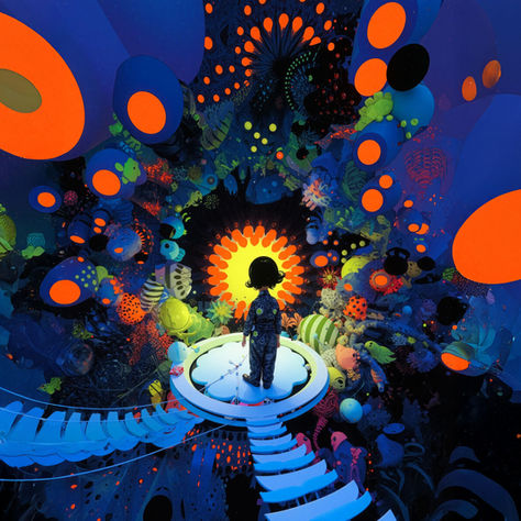 Digitally generated image of a small child standing on a circular platform facing a glowing yellow light surrounded by swirling blue and orange abstract shapes and floating forms.