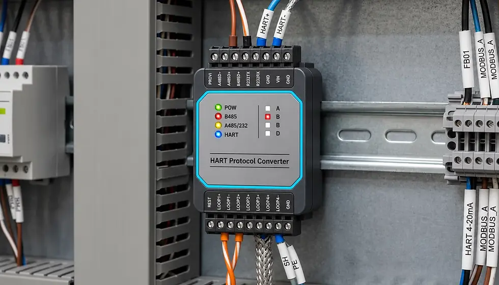 Close-up view of a DIN-rail data converter with HART loop wiring and RS-485 terminals