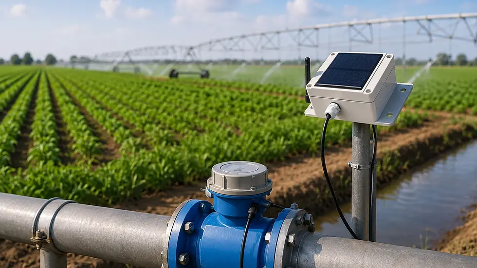 Eye-level view of a large agricultural field with smart irrigation sensors installed on irrigation pipes