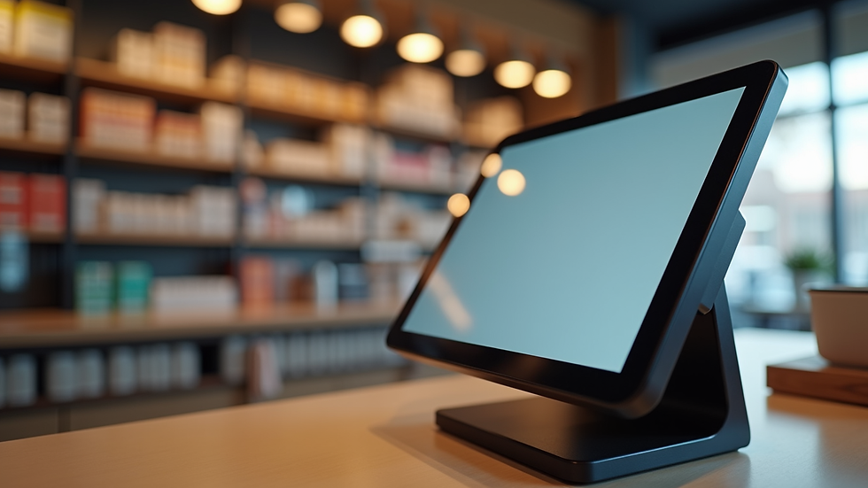 Eye-level view of a smart POS terminal with touchscreen on a retail counter