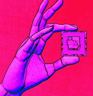 An image of a micro chip in the hands of a modern robot in pink and purple colour..jpg