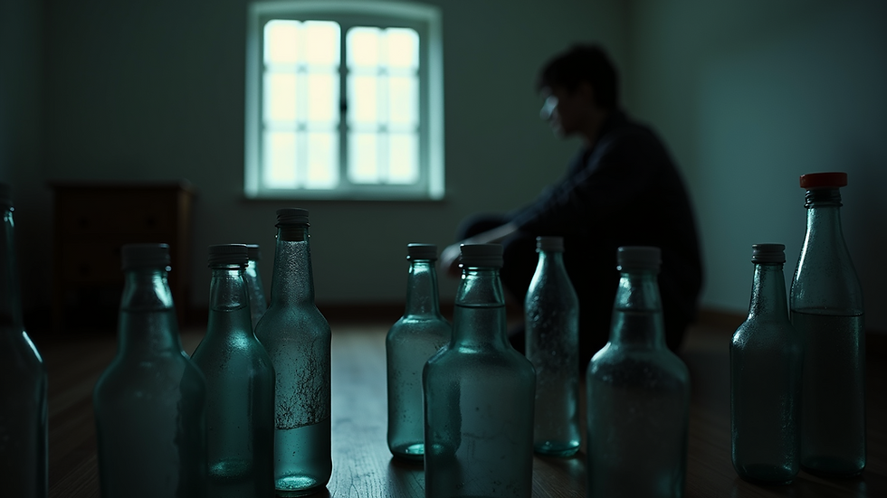 Close-up view of a person sitting in a low-lit room surrounded by empty bottles