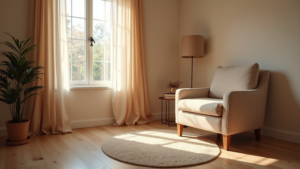 Eye-level view of a cozy therapy room with a comfortable chair and soft lighting