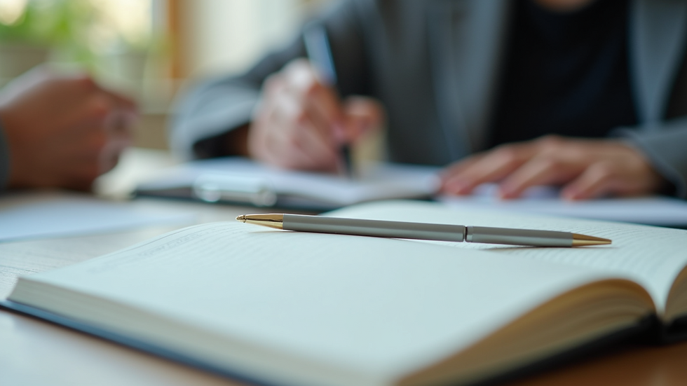 Close-up view of a notebook and pen on a table during a counseling session