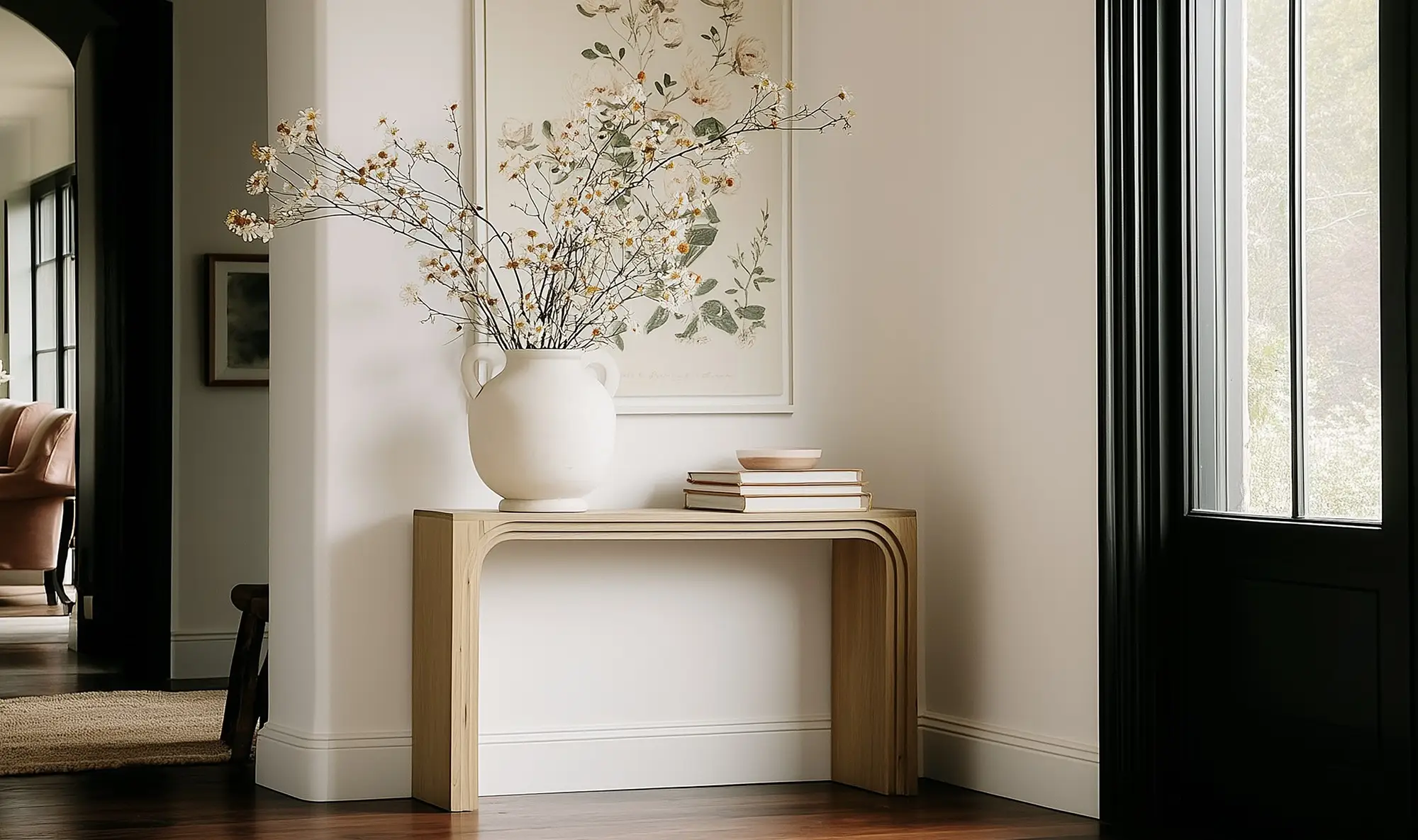 Wooden console table for the entryway with books and flowers
