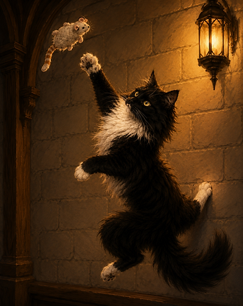 Die schwarz-weiße Langhaarkatze Alice springt im Korridor von Andershall an einer alten Steinwand hoch und jagt ihre Knistermaus. Eine Laterne taucht die Szene in warmes Licht.