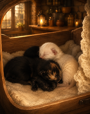 Drei neugeborene Kitten liegen eng aneinander gekuschelt in einer warmen Holzkiste in Andershall, weich beleuchtet und geborgen.