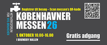 Reklameplakat for Københavnermessen 26 med QR-kode, gratis adgang og dato 1. oktober kl. 10-16 i Brøndby Hallen.