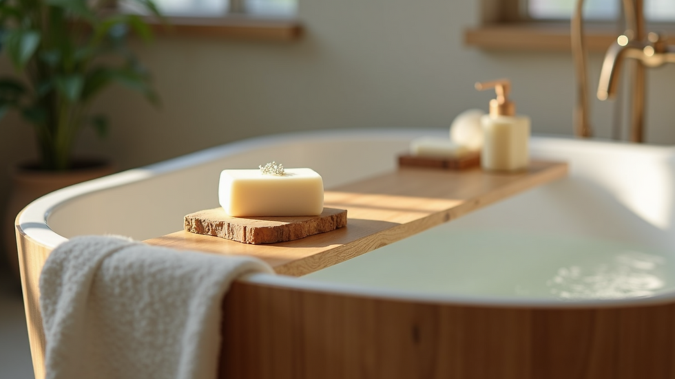 Eye-level view of a wooden bathtub with natural soap and bath accessories
