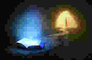 Glowing Bible in cave