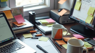 A cluttered workspace with notes and a laptop, representing the mental overload of overwhelm and decision fatigue.