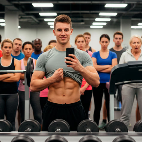 A good looking man taking a gym selfie in a mirror lifting his shirt to check his abs with a large group of disapproving people behind.