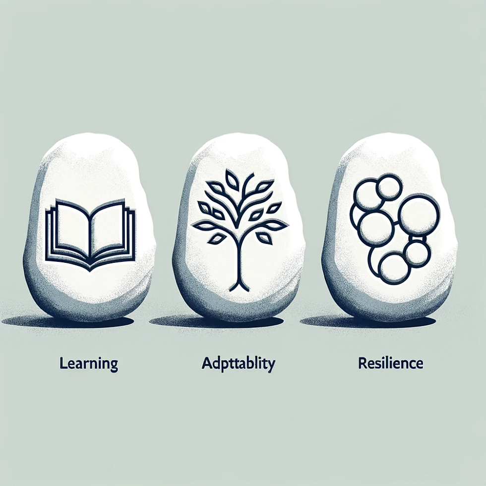 Three illustrated stones, each engraved with a symbol representing learning (an open book), adaptability (a tree), and resilience (interconnected circles), highlighting key personal and professional growth qualities.