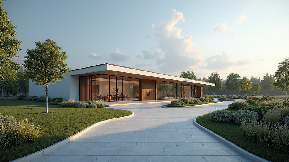 Wide angle view of a modern commercial property with landscaped surroundings
