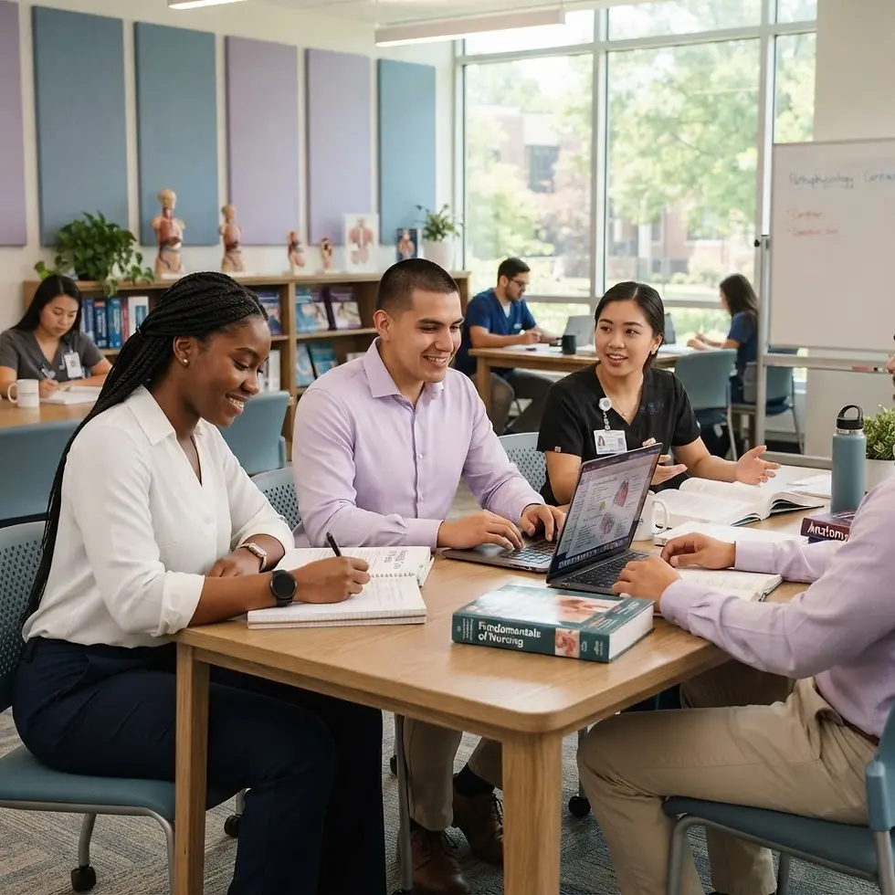 Studio photography of a diverse group of medical students studying together at a wooden table in a bright library setting. The mood is collaborative, academic, and focused.