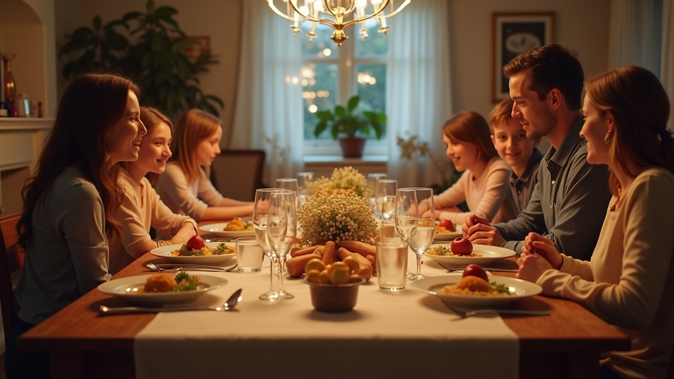 Eye-level view of a family gathering at a dinner table