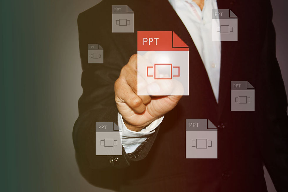 A person pointing towards a document with the letters "PPT" written on it, referring to Microsoft PowerPoint.