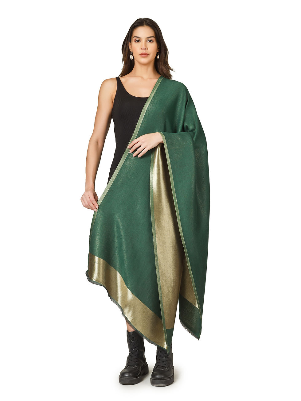 Thumbnail: Fine Wool Stole/Reversible Green / Gold