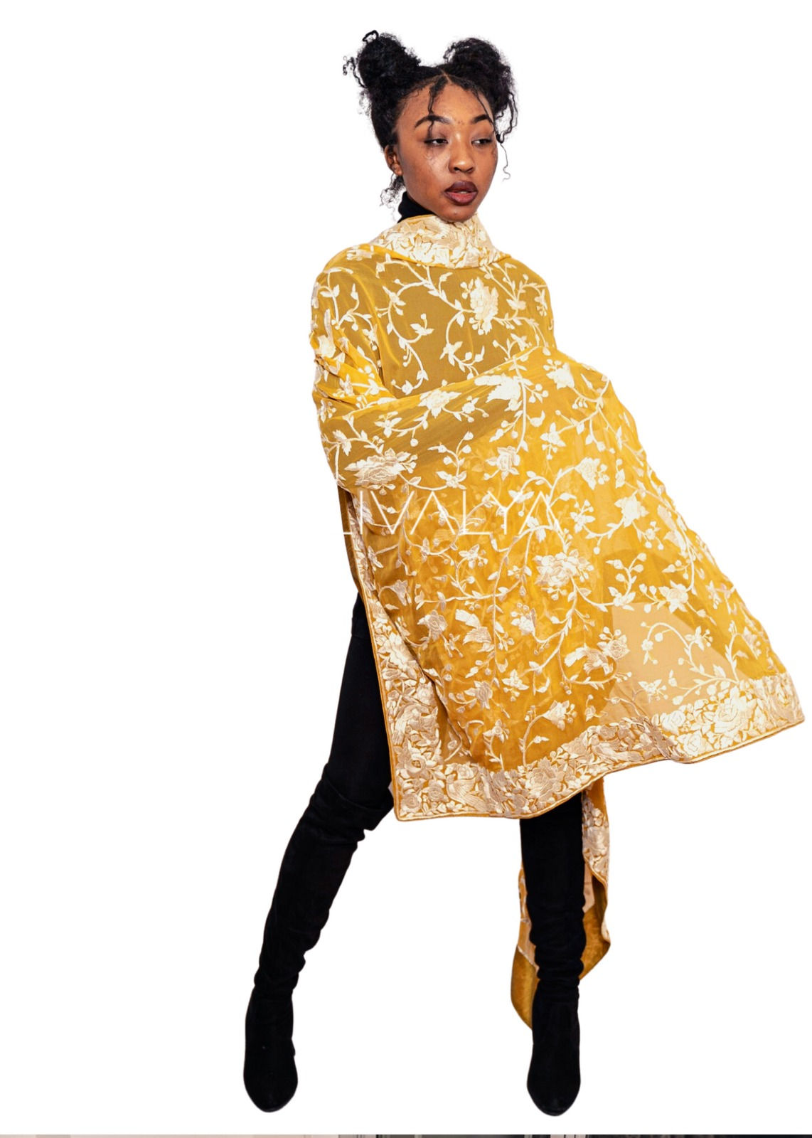 Yellow Parsi Gara Dupatta  (embroidery all over)