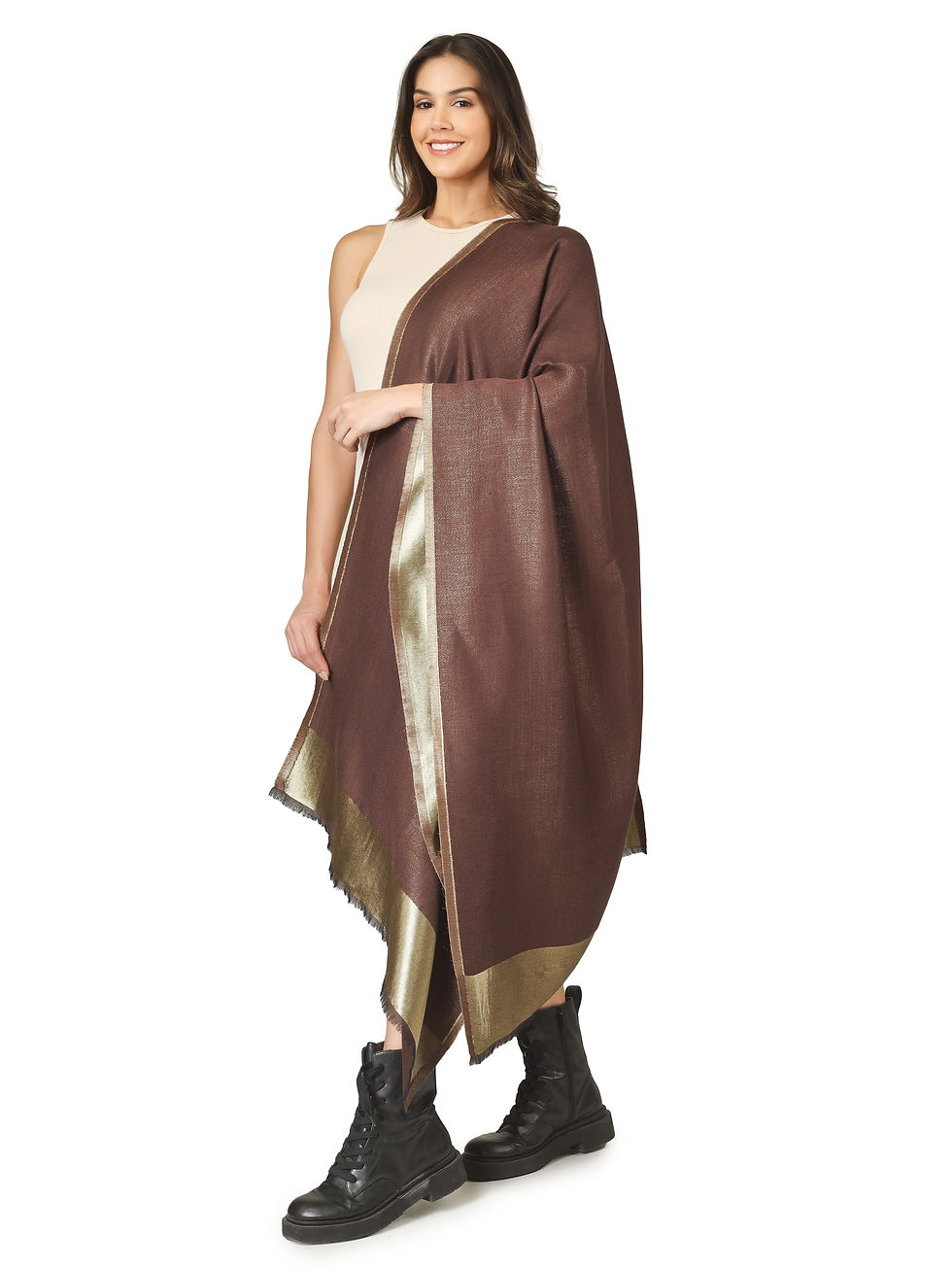 Thumbnail: Fine Wool Stole/Reversible- Choco/ Gold