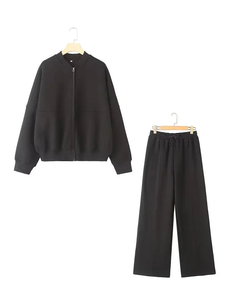 Miniatura: HH Women's Fall 2-Piece Retro Solid Color Zip Bomber Jacket Sweatshirt+High Wais