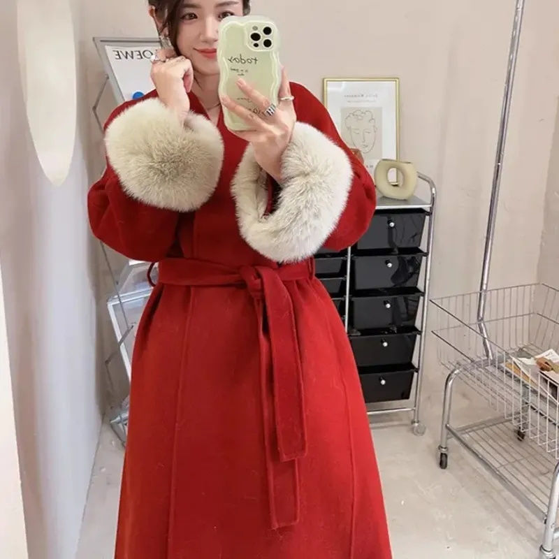 Miniatura: 2025 New Spring Winter Warm Long Woolen Coat Women Elegant Warm Wool Blend Trenc