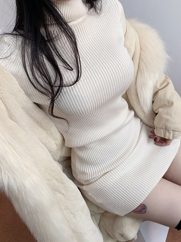 Thumbnail: Chic High Collar Knitted Short Dress Women's Slim Fit Base Layer Skirt Spring Au