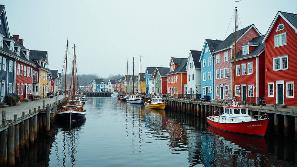 Wide angle view of colorful historic buildings along Lunenburg harbor