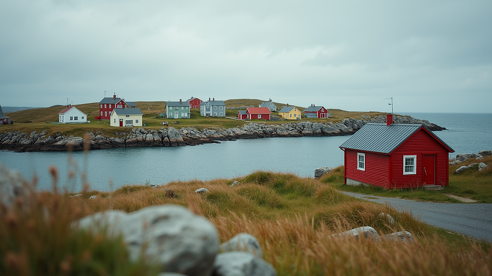 Eye-level view of a charming Nova Scotia coastal village with colorful houses