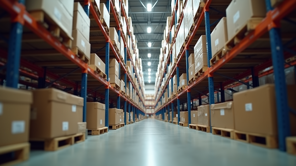Eye-level view of warehouse shelves stocked with organized inventory