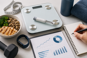 Fitness and diet planning scene with smart scale, glucose pen, healthy bowl, charts, notebook, and hand writing beside a towel and band