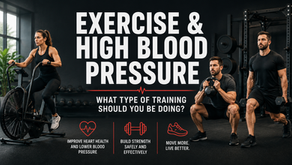 Gym poster with three athletes exercising and large text: EXERCISE & HIGH BLOOD PRESSURE, asking what training to do.